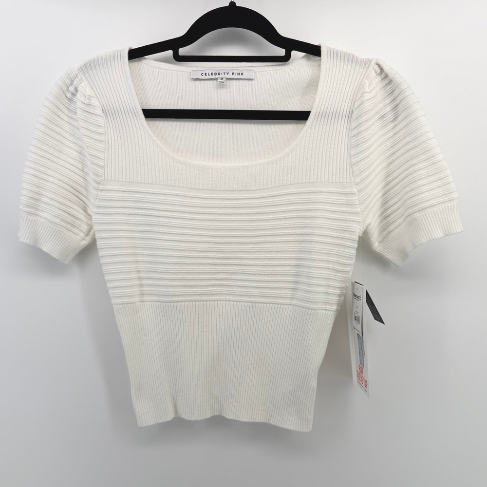 Celebrity Pink Juniors White Ribbed Puff Sleeve Square Neck Knit Top Size M NEW